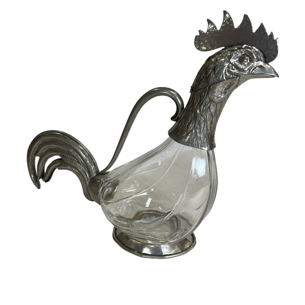 Vintage Etain 95% Pewter Rooster Wine Decanter Pitcher 14" Metal Glass Bar